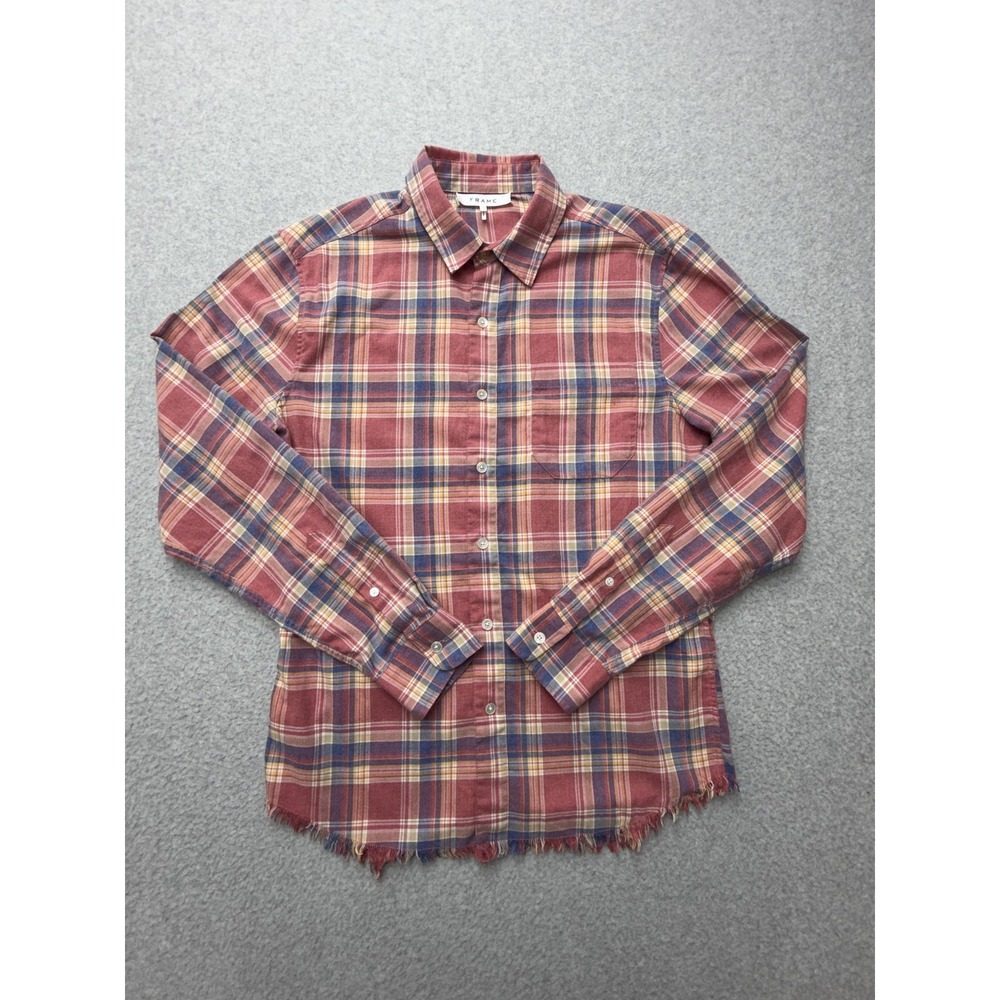 FRAME Shirt Mens‎ Small Dark Pink Plaid Flannel Fringe Hem Button Front Casual